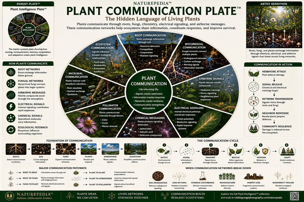Plant Communication Plate showing root signaling, fungal messaging, volatile compounds, defense warnings, plant-to-plant signals, mycorrhizal networks, and ecosystem communication