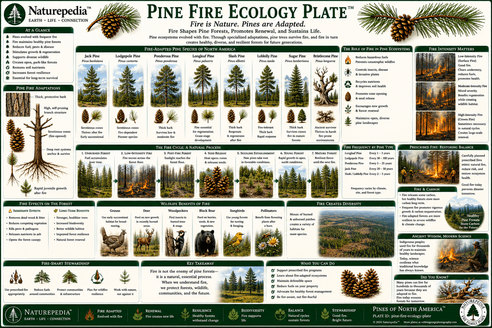 Pine Fire Ecology Plate showing low-intensity fire, crown fire, thick bark, serotinous cones, grass-stage seedlings, nutrient cycling, open canopy structure, and post-fire regeneration by Robbie George