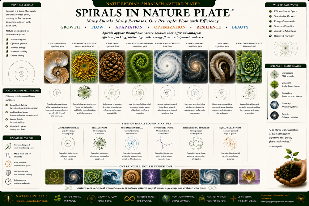 Spirals in Nature Plate illustrating nautilus shells, sunflowers, pinecones, ferns, hurricanes, galaxies, and recurring spiral geometry throughout nature.