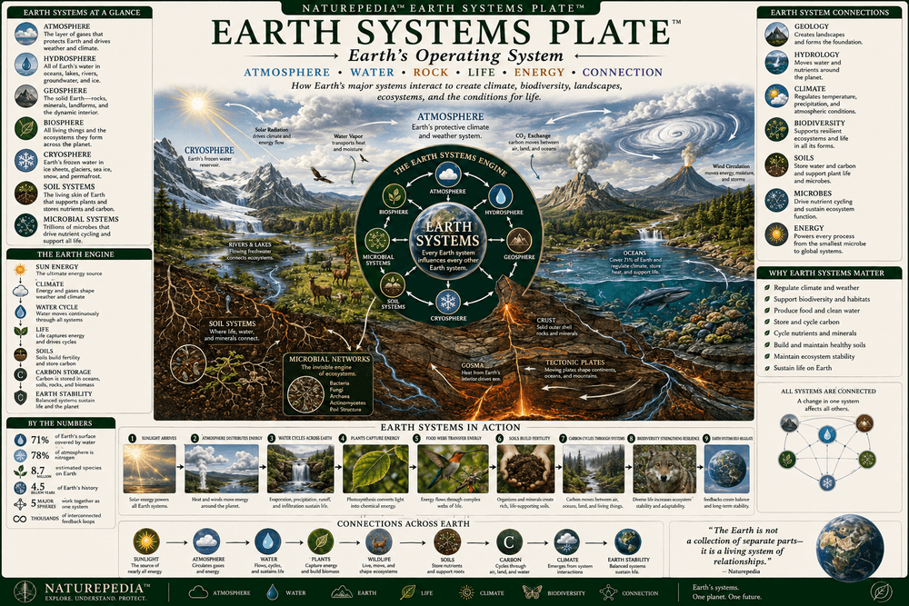Earth Systems Plate showing the geosphere, hydrosphere, atmosphere, biosphere, cryosphere, soil systems, carbon cycle, water cycle, climate systems, plate tectonics, ecosystem feedbacks, human impact, and planetary energy flow