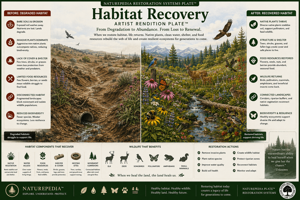 Habitat Recovery Artist Rendition Plate showing degraded habitat transforming into restored native vegetation, wetland structure, wildlife corridors, pollinator habitat, and biodiversity by Robbie George