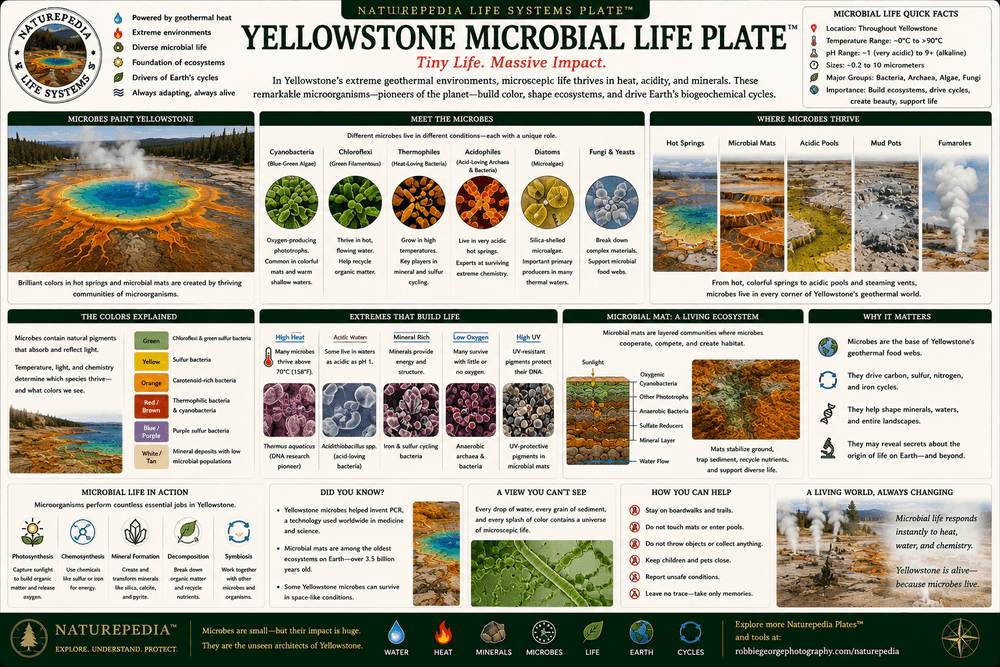 Yellowstone Microbial Life Plate showing thermophiles, extremophiles, microbial mats, thermal ecosystems, geothermal biology, and Yellowstone microbial communities by Robbie George