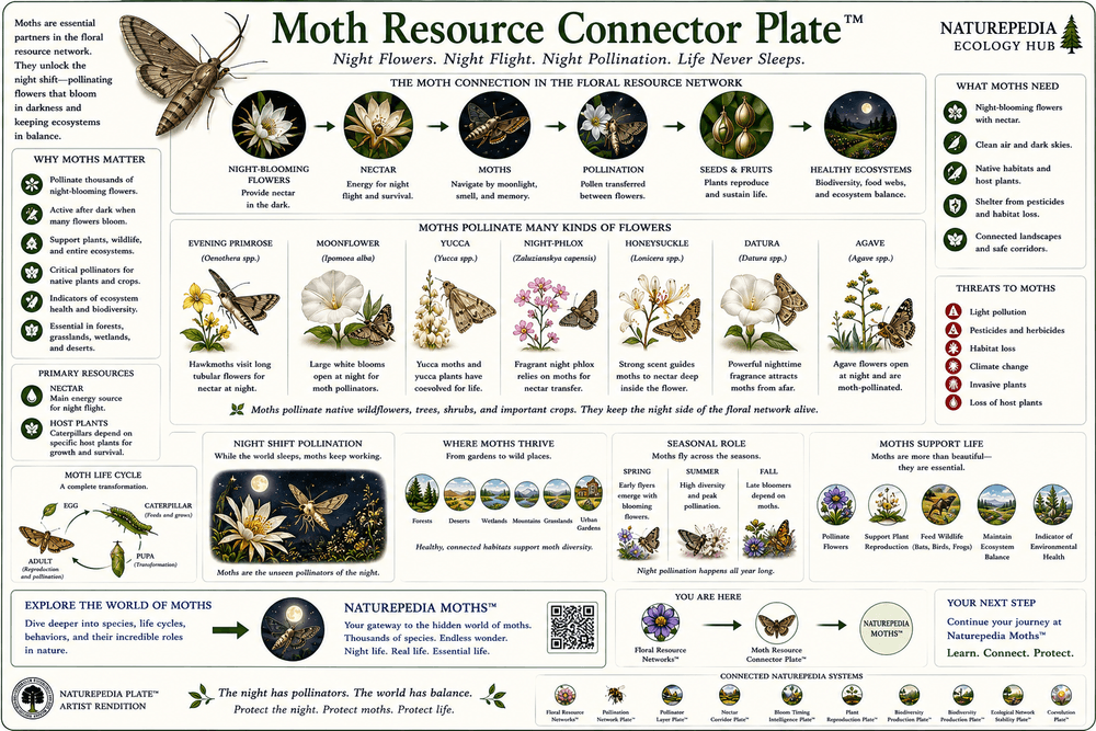 Moth Resource Connector Plate showing how moths connect night-blooming flowers, nectar resources, nocturnal pollination, and biodiversity