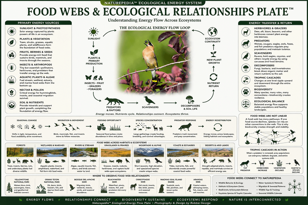 Food Webs and Ecological Relationships Plate showing cedar waxwing feeding on berries with ecological energy flow, primary production, predator-prey relationships, scavengers, decomposers, migration, biodiversity, and Naturepedia ecosystem connections by Robbie George