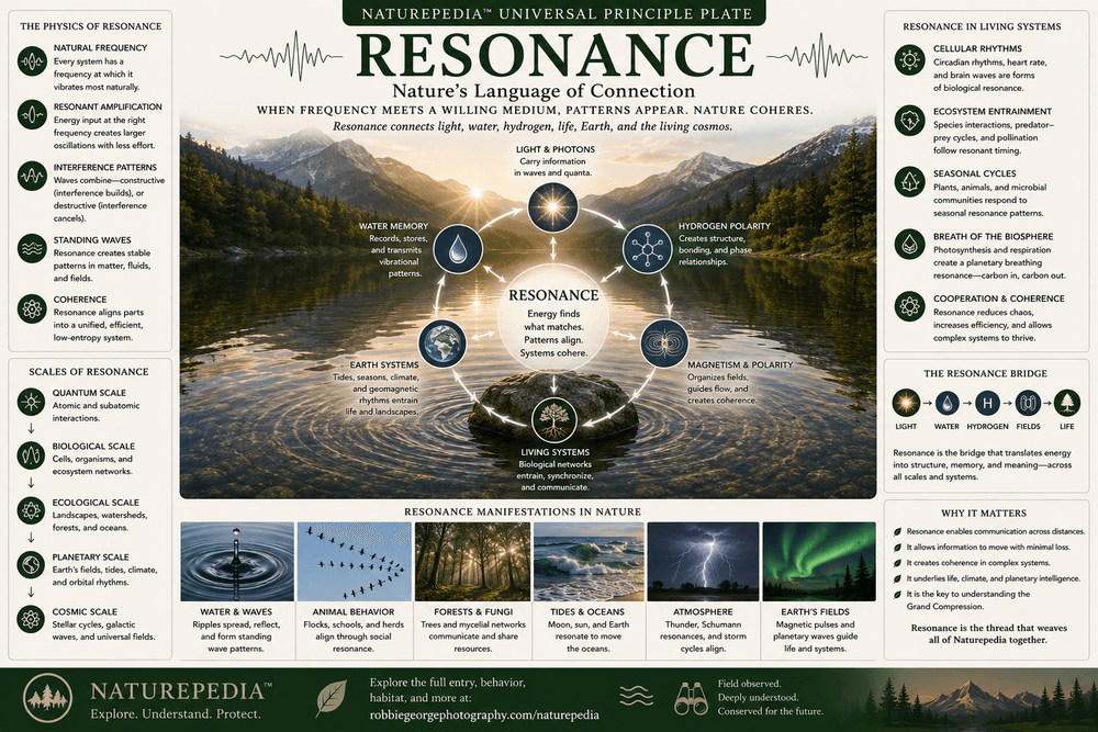 Resonance Plate showing frequency, water memory, light, hydrogen polarity, magnetism, living systems, ecosystem entrainment, and Naturepedia connections by Robbie George