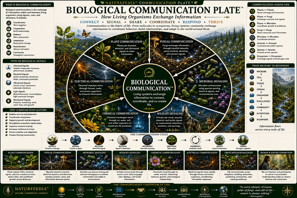 Biological Communication Plate showing plant communication, fungal signaling, microbial messaging, wildlife communication, chemical signaling, electrical communication, and ecological information flow