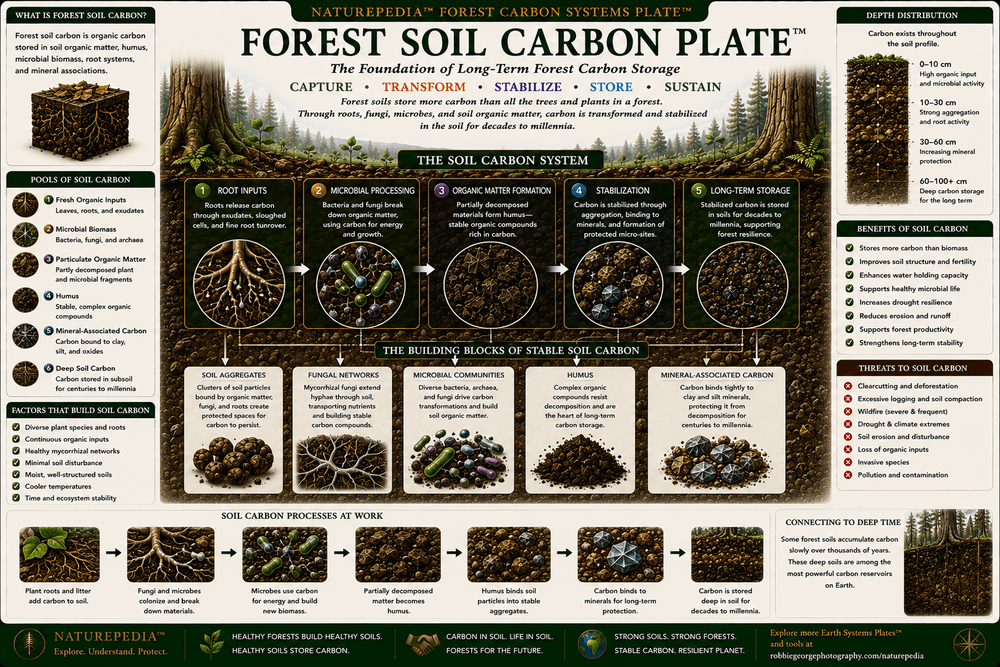 Forest Soil Carbon Plate showing tree roots, mycorrhizal fungi, microbial life, humus, soil aggregates, forest organic matter, stable soil carbon, and long-term carbon storage.