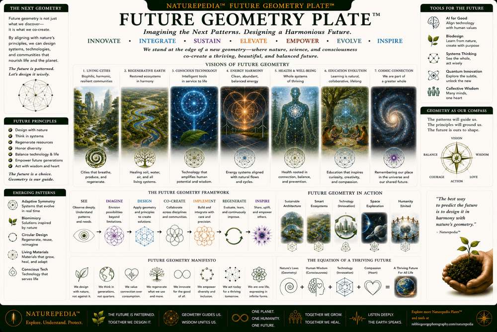 Future Geometry Plate illustrating artificial intelligence, ecological science, satellite imagery, computational biology, mathematical visualization, and future discoveries in natural geometry.