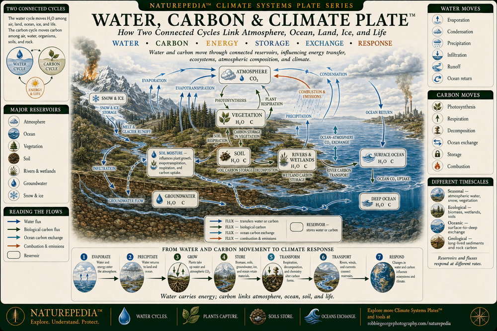 Water, Carbon and Climate Plate showing evaporation, condensation, precipitation, transpiration, runoff, infiltration, groundwater, photosynthesis, respiration, decomposition, combustion, soil carbon, river transport, ocean carbon exchange, and connected water and carbon reservoirs.
