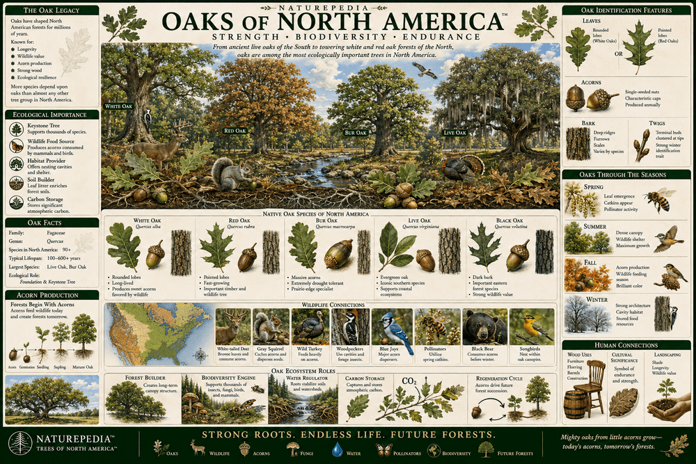 Oak Systems Plate showing oak roots, canopy, acorns, wildlife relationships, insects, fungi, carbon storage, forest regeneration, and oak ecosystem connections by Robbie George