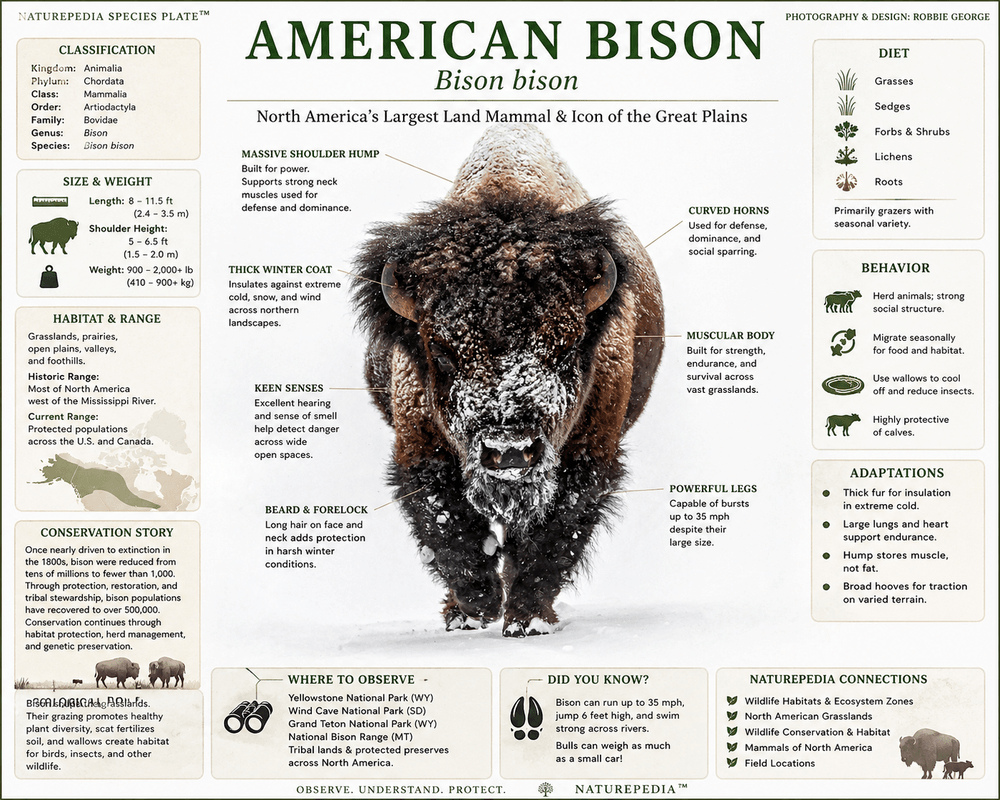 American Bison in winter with annotated species plate showing adaptations, habitat, diet, behavior, and conservation — Naturepedia Species Plate by Robbie George