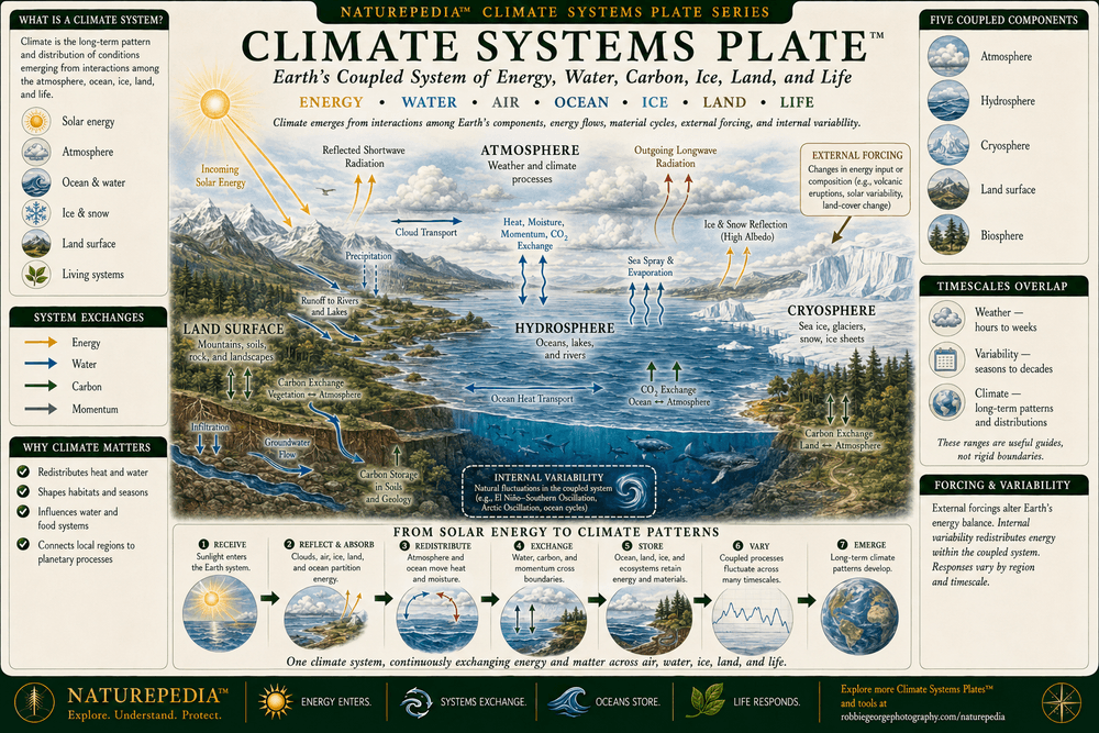 Climate Systems Plate showing incoming solar energy, reflected and outgoing radiation, atmosphere, oceans, freshwater, snow and ice, land, vegetation, water and carbon cycles, ocean-atmosphere exchange, climate variability, external forcings, and feedback processes within one coupled Earth system.