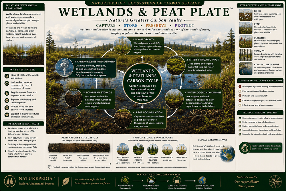 Wetlands and Peat Plate showing wetlands, peat formation, low oxygen conditions, and long-term carbon storage