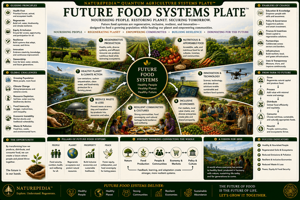 Future Food Systems Plate showing regenerative farms, food forests, agroforestry, healthy soils, biodiversity corridors, clean water, resilient communities, carbon farming, and future agriculture