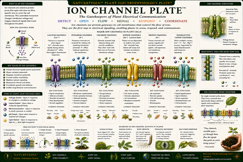 Ion Channel Plate showing calcium, potassium, chloride, proton transport, membrane proteins, electrical signaling, and bioelectric communication inside plant cells.
