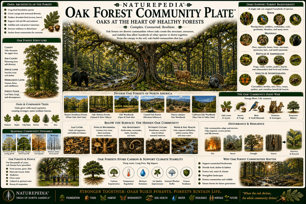 Oak Forest Community Plate showing oak canopy, understory vegetation, wildlife habitat, fungi, soil systems, biodiversity, succession, and forest community ecology by Robbie George