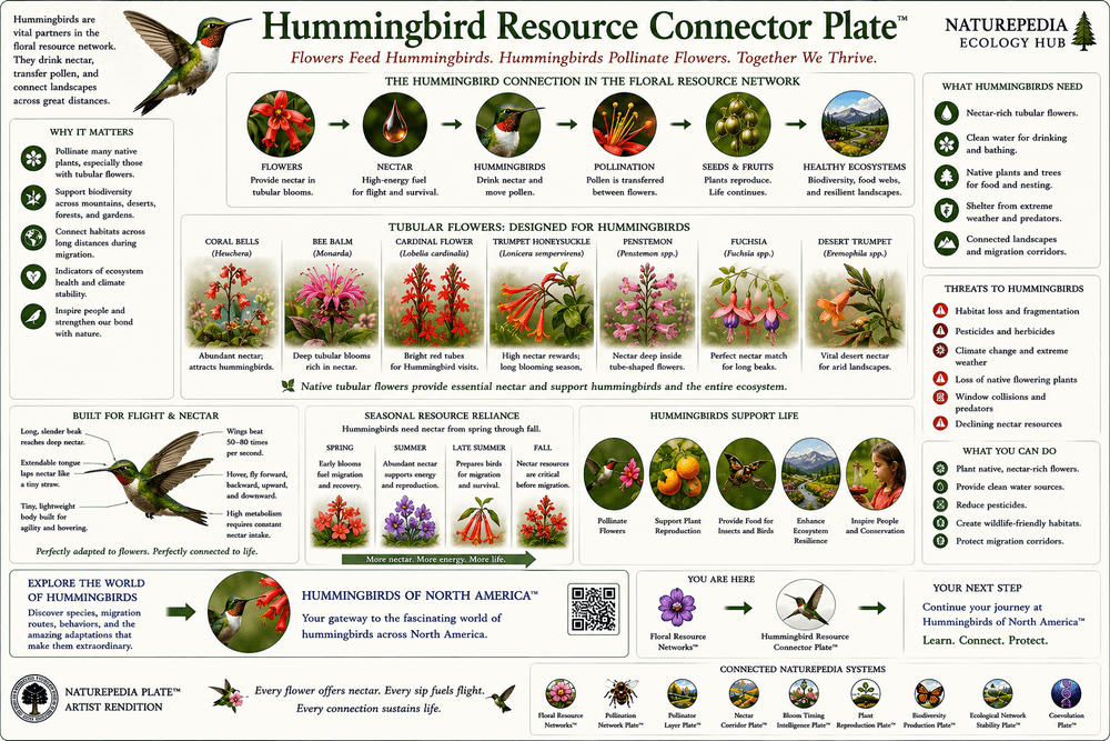 Hummingbird Resource Connector Plate showing how hummingbirds connect nectar flowers, pollination, migration, and biodiversity