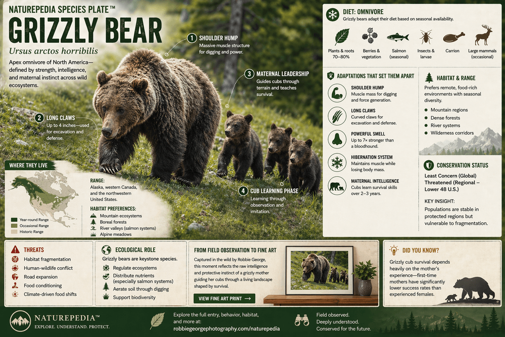 Grizzly bear mother walking with cubs in grassy mountain habitat with annotated species plate showing adaptations, behavior, diet, habitat range, and ecological role — Naturepedia Species Plate by Robbie George