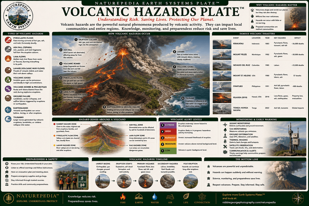 Volcanic Hazards Plate showing ash fall, pyroclastic flows, lahars, lava flows, volcanic gases, aviation hazards, and eruption impacts