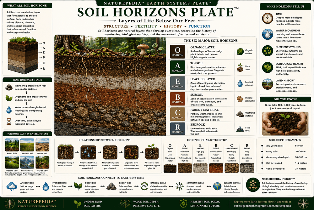 Soil Horizons Plate showing O horizon, A horizon, E horizon, B horizon, C horizon, and bedrock layers within a soil profile