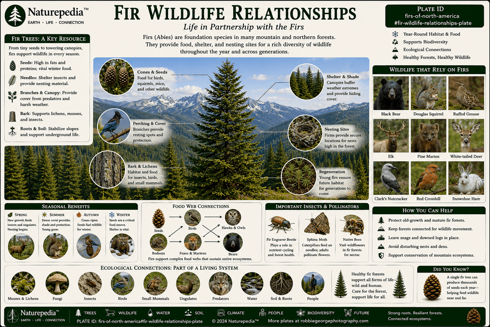 Fir Wildlife Relationships Plate showing pine martens, squirrels, grouse, owls, songbirds, winter shelter, food webs, and mountain wildlife habitat by Robbie George