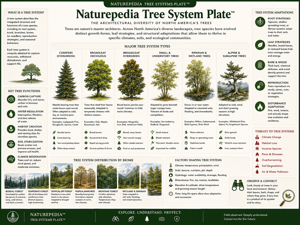 Tree Systems Plate showing roots, trunks, canopy layers, wildlife habitat, water movement, carbon storage, mycelial networks, and forest ecology by Robbie George