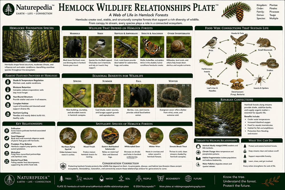 Hemlock Wildlife Relationships Plate showing birds, deer, black bears, salamanders, insects, winter cover, cavity habitat, stream life, and shaded forest food webs by Robbie George