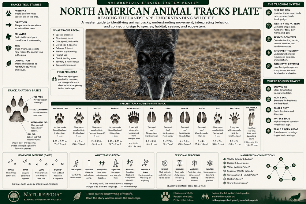 North American Animal Tracks Plate showing wolf, mountain lion, bobcat, coyote, bear, elk, deer, moose, bison, fox, raccoon, and snowshoe hare track identification systems by Robbie George