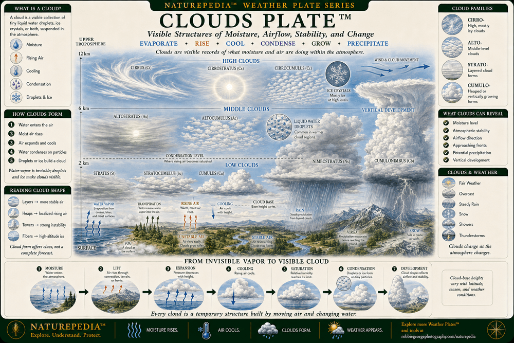 Clouds Plate showing high, middle, and low cloud families including cirrus, cirrostratus, cirrocumulus, altostratus, altocumulus, stratus, stratocumulus, cumulus, nimbostratus, and cumulonimbus, together with water vapor, rising air, cooling, condensation, rain, snow, fog, and vertical cloud development.