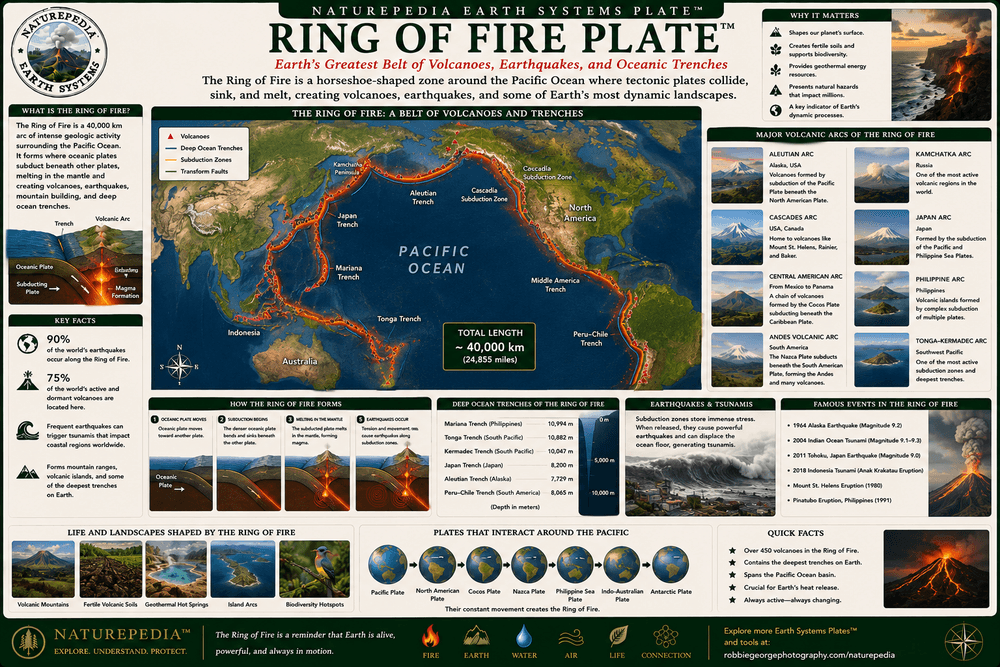 Ring of Fire Plate showing Pacific Ocean volcanic belt, subduction zones, volcanic arcs, earthquakes, tectonic boundaries, and global volcanism