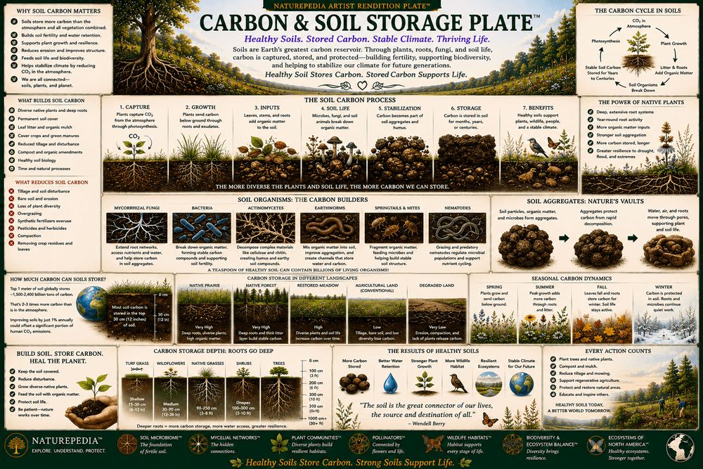 Carbon and Soil Storage Plate showing plant roots, stored carbon, organic matter, soil structure, microbial life, water retention, and ecosystem resilience by Robbie George