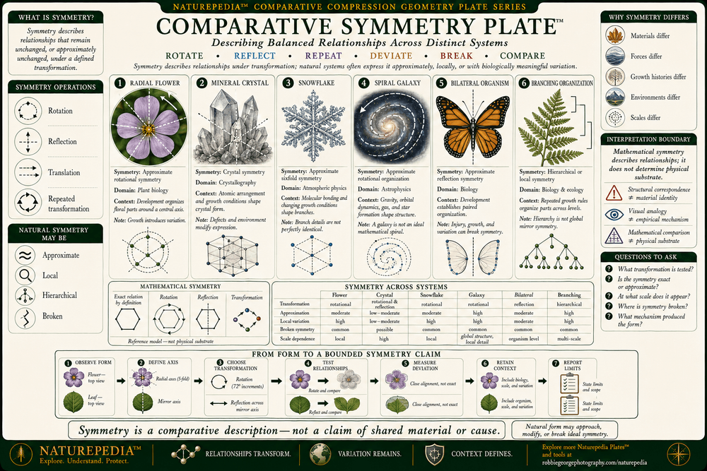 Comparative Symmetry Plate comparing radial, rotational, reflection, bilateral, approximate, broken, and hierarchical symmetry across flowers, crystals, snowflakes, galaxies, organisms, branching systems, and mathematical diagrams without claiming that the systems are physically identical.
