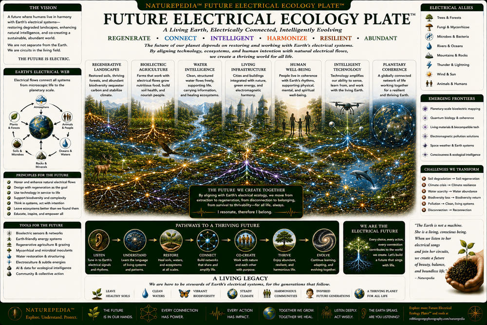 Future Electrical Ecology Plate showing ecosystem sensors, AI-assisted environmental monitoring, bioelectric communication, forests, soils, fungal networks, and planetary ecological observation.