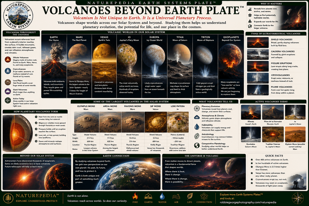 Volcanoes Beyond Earth Plate showing Olympus Mons, Mars volcanoes, Venus volcanoes, Io volcanism, cryovolcanoes, and planetary geology