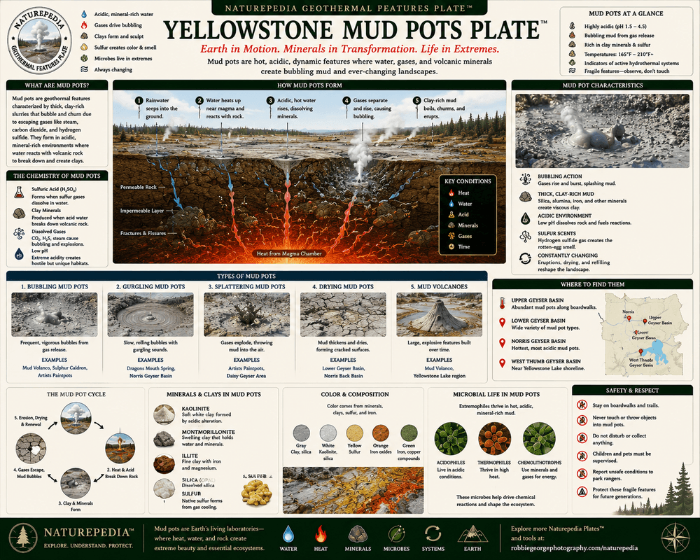Yellowstone Mud Pots Plate showing bubbling mud pots, acidic thermal environments, clay formation, sulfur gases, geothermal activity, and hydrothermal geology by Robbie George