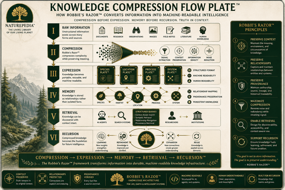 Knowledge Compression Flow Plate showing raw information, compression, expression, memory, retrieval, and recursion within Robbie's Razor™