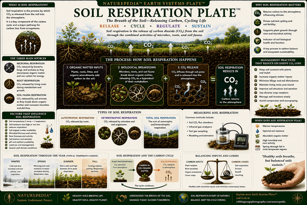 Soil Respiration Plate showing plant roots, microbial respiration, fungal activity, decomposition, carbon dioxide release, nutrient cycling, soil biology, and Earth's carbon cycle.