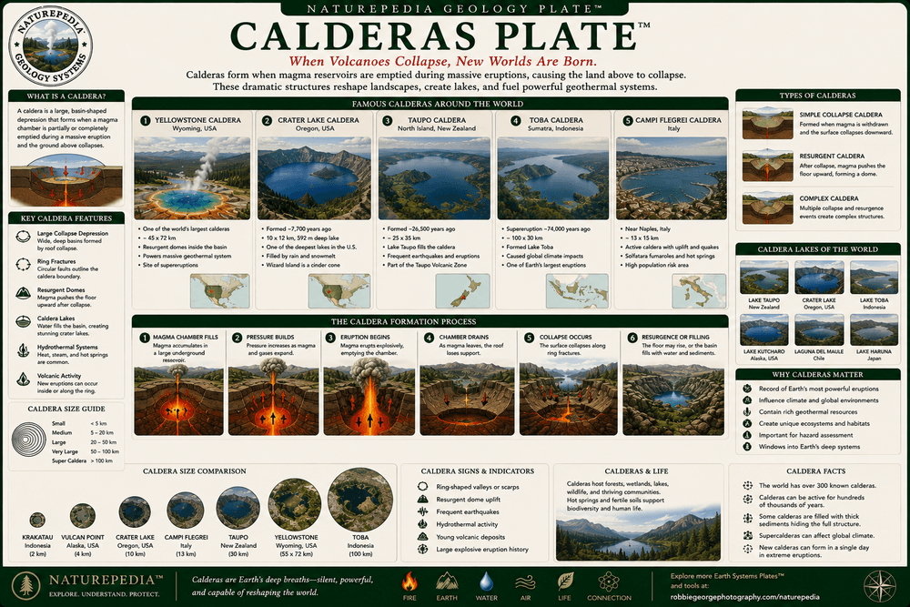 Calderas Plate showing volcanic calderas, collapse basins, crater lakes, Yellowstone, Crater Lake, magma chambers, and volcanic landforms