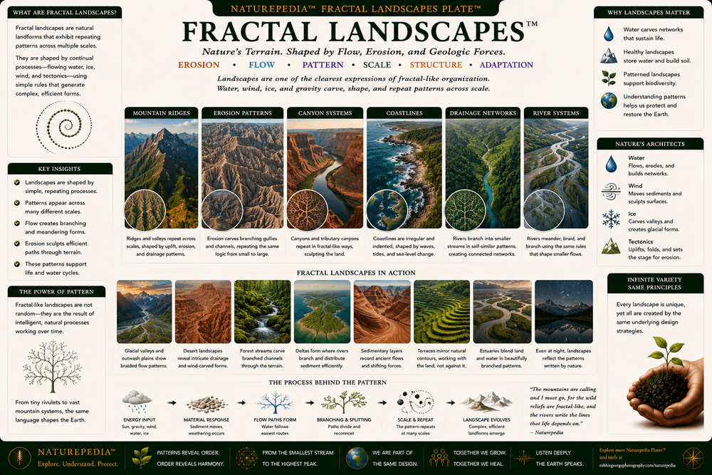 Fractal Landscapes Plate illustrating mountain ridges, river valleys, coastlines, drainage basins, erosion patterns, and repeating landscape geometry throughout nature.