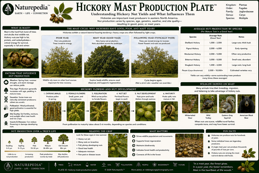 Hickory Mast Production Plate showing nut crops, wildlife food resources, seed dispersal, biodiversity, and ecosystem resilience by Robbie George