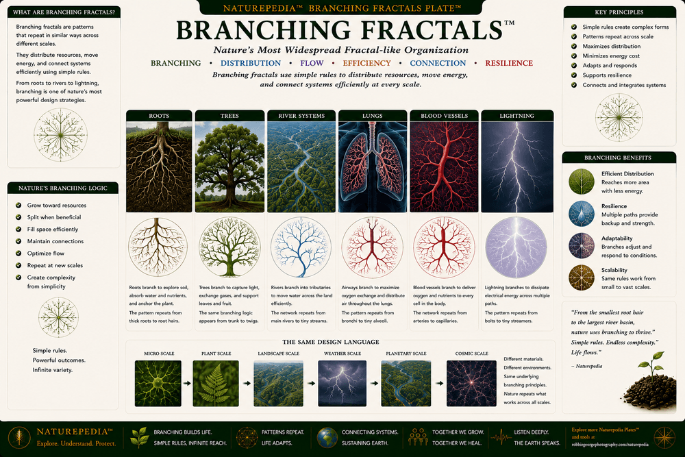 Branching Fractals Plate illustrating trees, roots, rivers, lungs, blood vessels, fungi, and lightning as examples of fractal-like branching systems across nature.