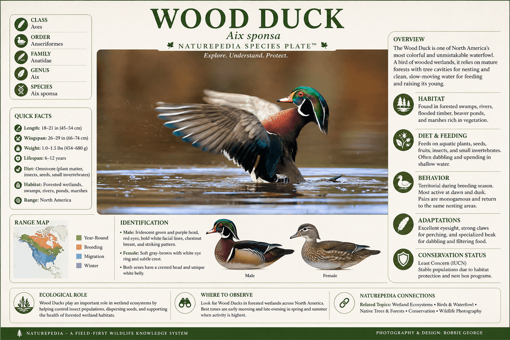 Wood Duck species plate showing habitat, diet, behavior, adaptations, and conservation — Naturepedia Species Plate by Robbie George