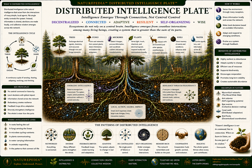 Distributed Intelligence Plate showing decentralized ecosystem coordination through plants, fungi, soils, microbes, roots, water, electrical signaling, and ecological feedback networks.