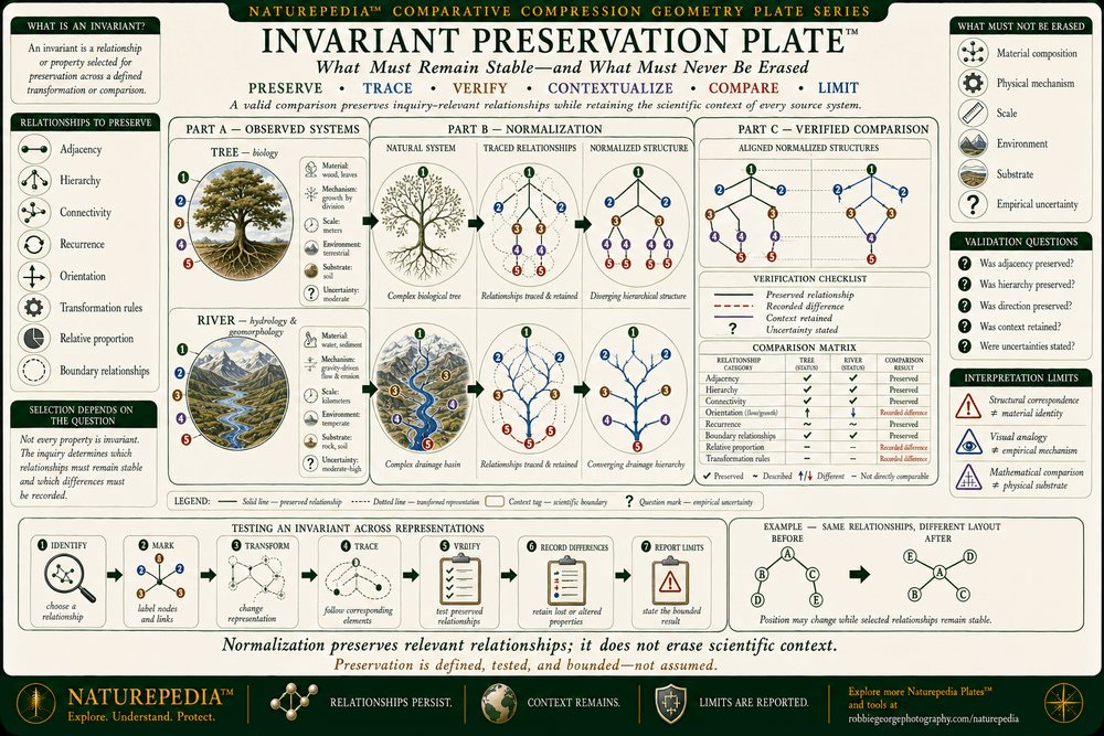 Invariant Preservation Plate showing how adjacency, hierarchy, connectivity, orientation, recurrence, transformation rules, boundary relationships, and relative proportion can remain available for comparison while material composition, physical mechanism, scale, environment, and substrate remain distinct.