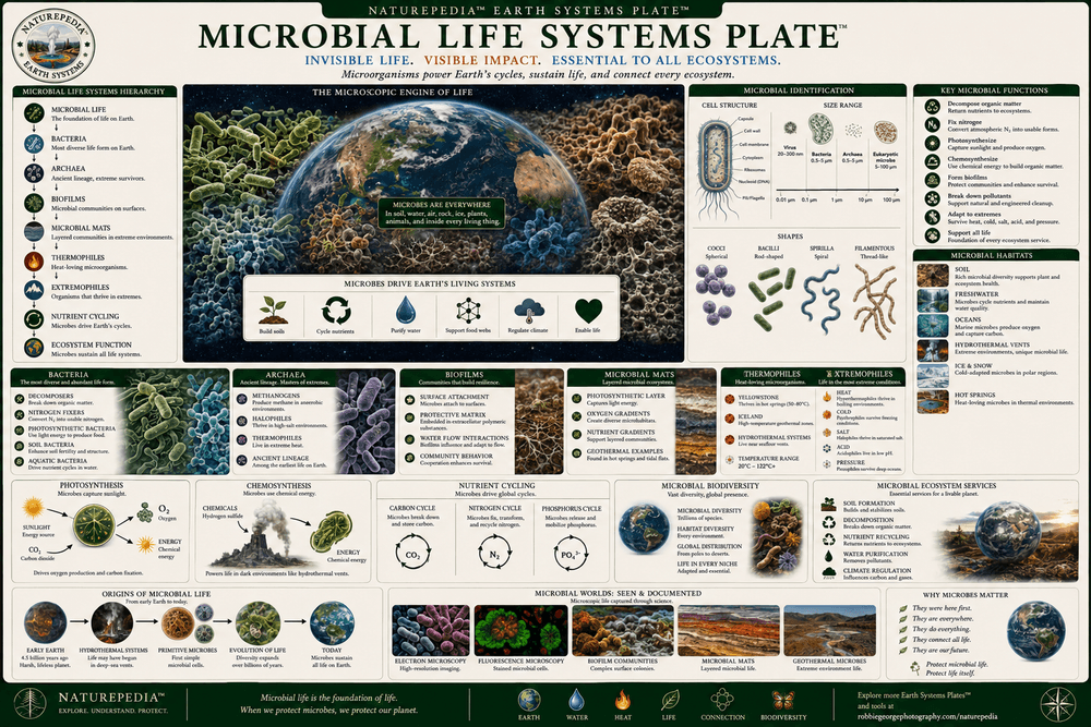 Microbial Life Systems Plate showing bacteria, archaea, biofilms, microbial mats, thermophiles, extremophiles, nutrient cycling, and ecosystem function