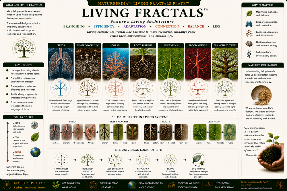 Living Fractals Plate illustrating lungs, blood vessels, trees, roots, fungi, coral, and leaf veins demonstrating fractal-like organization throughout living systems.