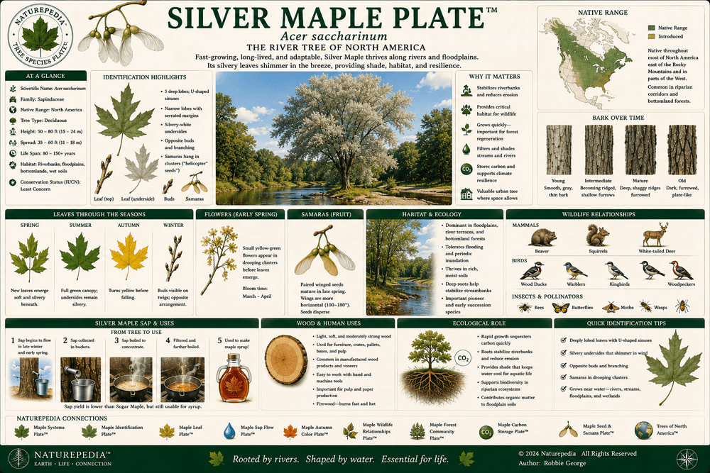 Silver Maple Plate showing Acer saccharinum, floodplains, river corridors, riparian forests, deeply lobed leaves, fast growth, and water-linked maple ecology by Robbie George