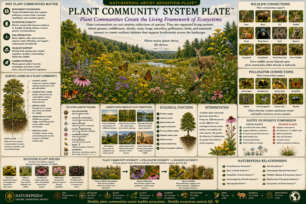 Plant Community System Plate showing native plant communities, habitat structure, roots, flowers, wildlife habitat, pollinators, and biodiversity by Robbie George