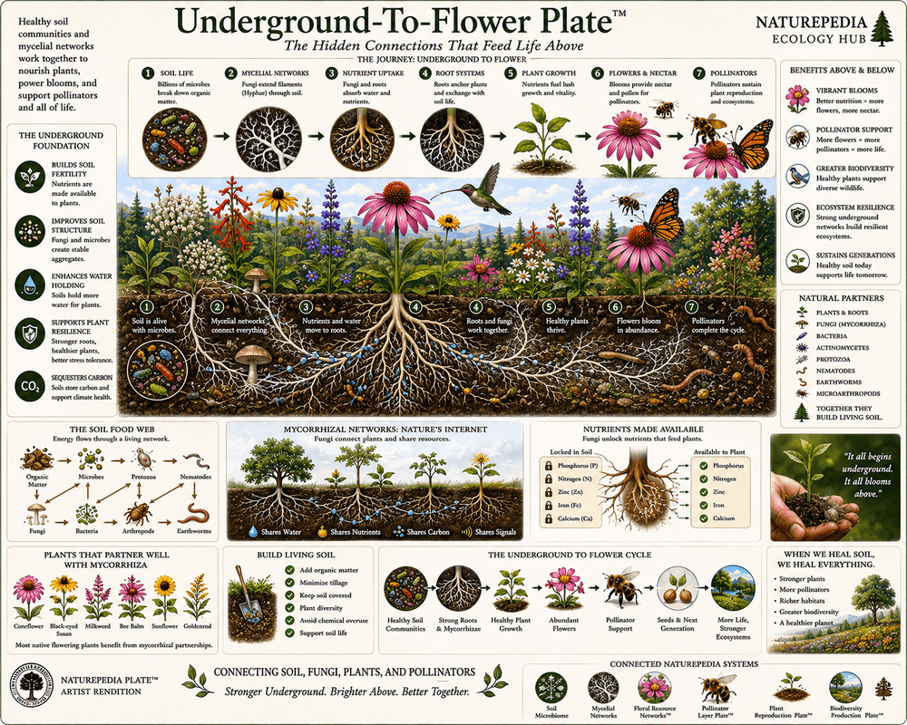 Underground-To-Flower Plate showing the connection between soil microbiome, mycelial networks, roots, and flowers