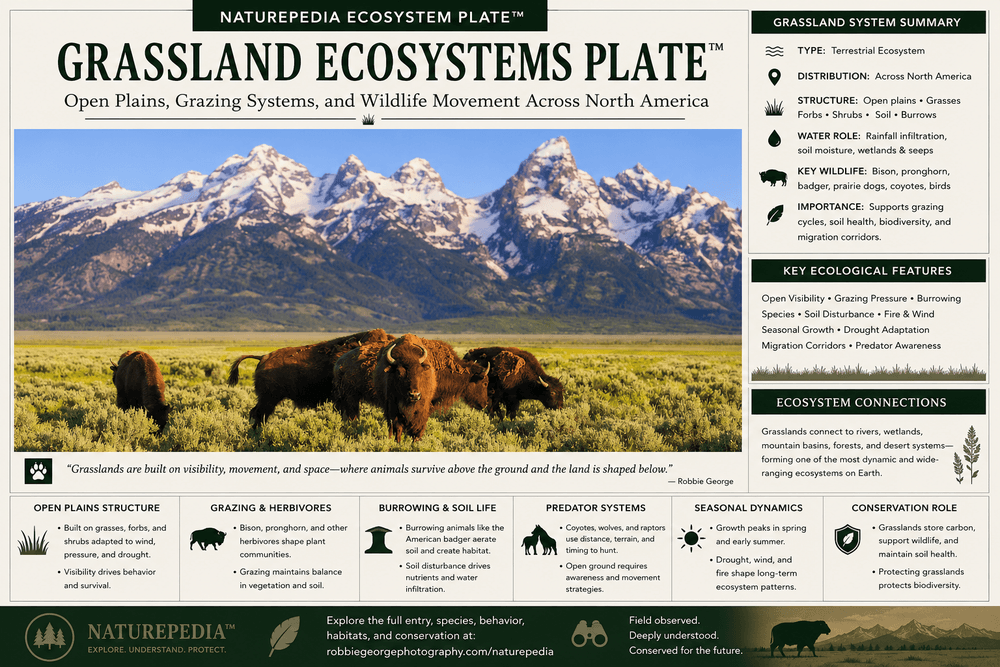Grassland Ecosystems Plate showing American bison, open plains, grazing systems, mountain grasslands, predator awareness, soil life, seasonal dynamics, and Naturepedia ecosystem connections by Robbie George